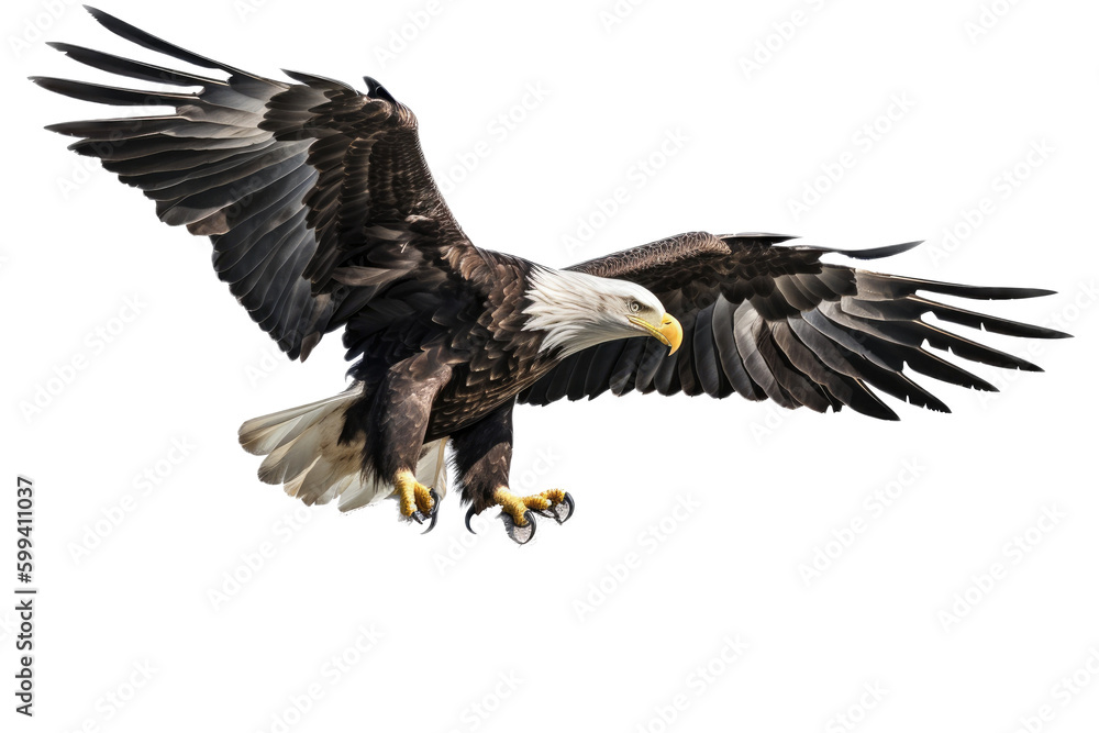 an isolated bald eagle (Haliaeetus leucocephalus) , flying in motion and in landing position, wildlife, Wildlife-themed, photorealistic illustration on a transparent background PNG. generative ai an isolated bald eagle (Haliaeetus leucocephalus) , flying in motion and in landing position, wildlife, Wildlife-themed, photorealistic illustration on a transparent background PNG. generative ai