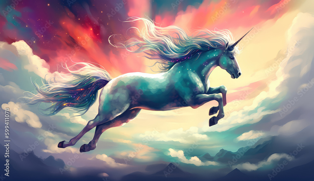 Artistic illustration of a unicorn flying through clouds and stars. Generative AI Artistic illustration of a unicorn flying through clouds and stars. Generative AI