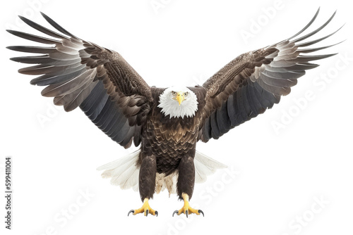 an isolated bald eagle (Haliaeetus leucocephalus) , front view wings spread open, preservation, Wildlife-themed, photorealistic illustration on a transparent background cutout in PNG. Generative AI
