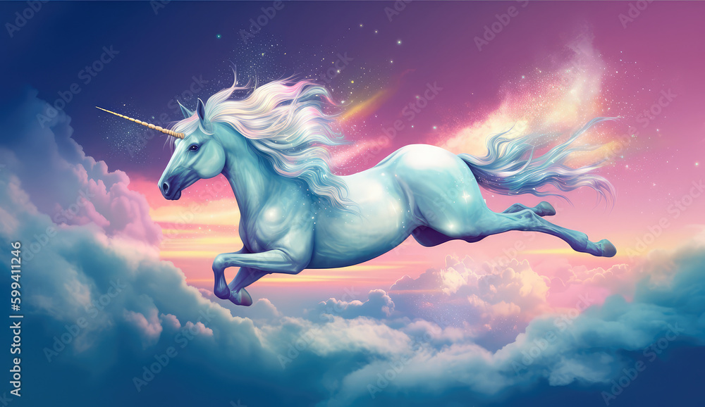 Artistic illustration of a unicorn flying through clouds and stars. Generative AI Artistic illustration of a unicorn flying through clouds and stars. Generative AI