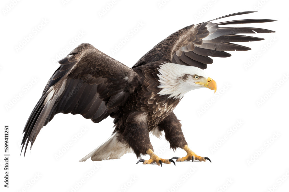 Fototapeta premium an isolated bald eagle (Haliaeetus leucocephalus) , flying in motion and in landing position, wildlife, Wildlife-themed, photorealistic illustration on a transparent background PNG. generative ai