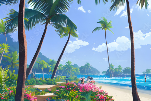 Beautiful tropical beach with palm trees and blue sky during hot summer Generated Ai