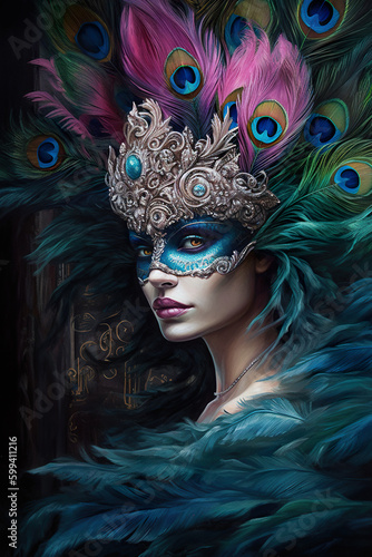 A woman with a peacock mask and feathers on her head. AI generative. Generative AI photo