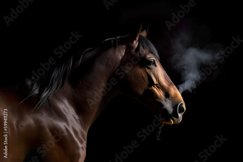 portrait of a horse with dark background and smoke, Generative AI