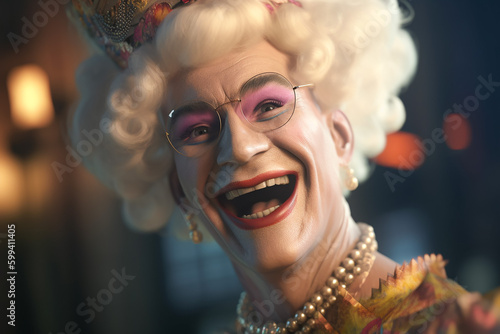 Drag queen with impressive makeup and costume, fictitious person. AI generated image