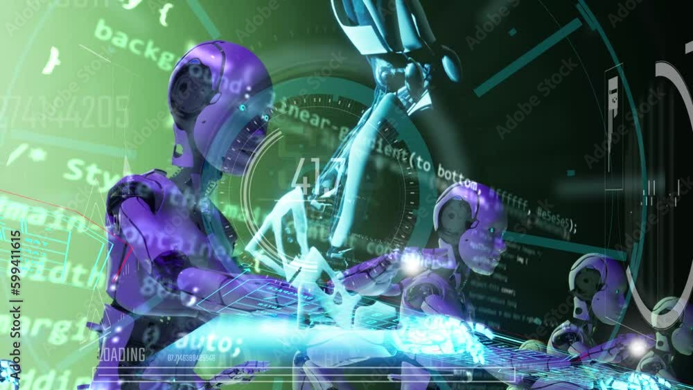 3d render animation of humanoid robot female girl working on ...