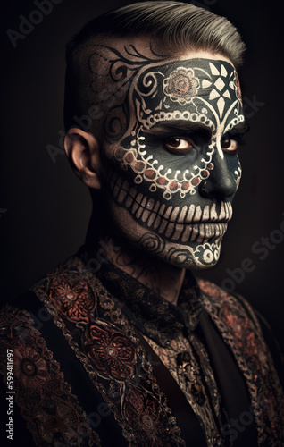 A man with a skull face painted on his face. AI generative. Generative AI