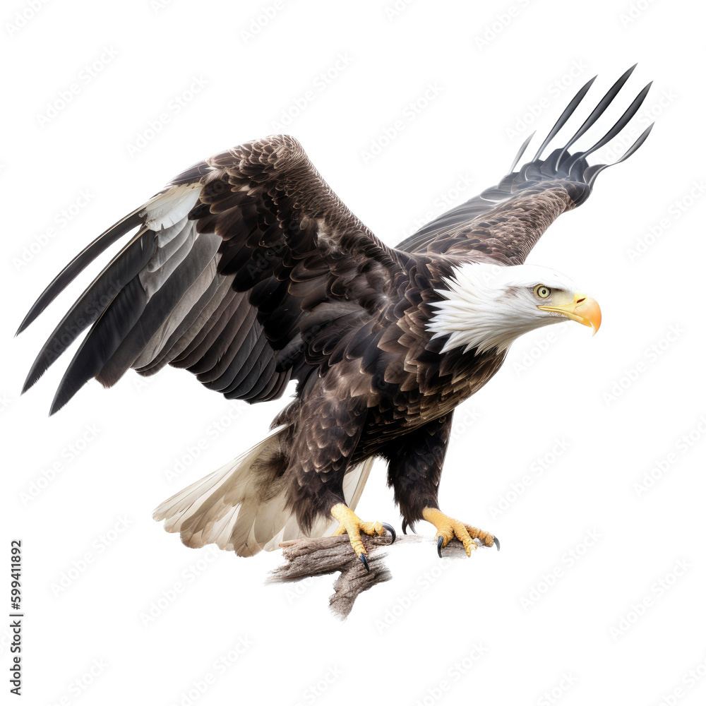 Obraz premium an isolated bald eagle (Haliaeetus leucocephalus) , flying in motion and in landing on a branch, Wildlife-themed, photorealistic illustration on a transparent background cutout in PNG. Generative AI