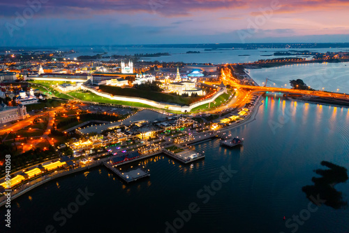 Aerial view of evening Kazan Kremlin and the Volga river embankment. Kazan city. Russia