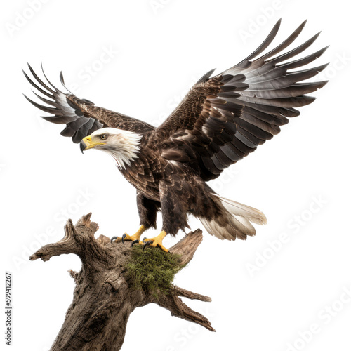 an isolated bald eagle  Haliaeetus leucocephalus    flying in motion and in landing on a branch  Wildlife-themed  photorealistic illustration on a transparent background cutout in PNG. Generative AI