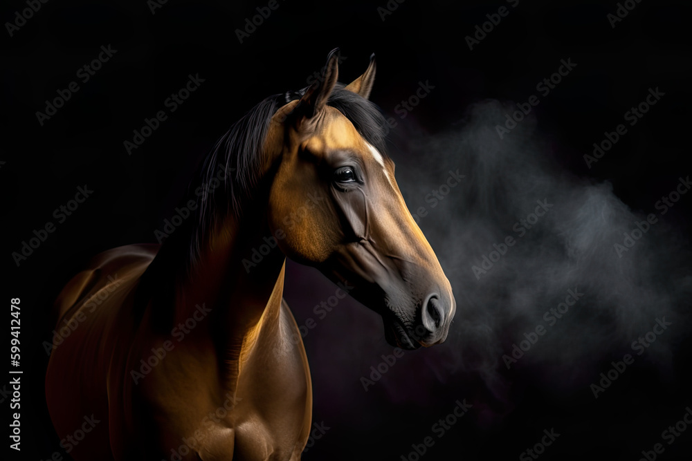 Portrait of a Head Horse Arabian in the dark background and smoke, Generative AI Portrait of a Head Horse Arabian in the dark background and smoke, Generative AI