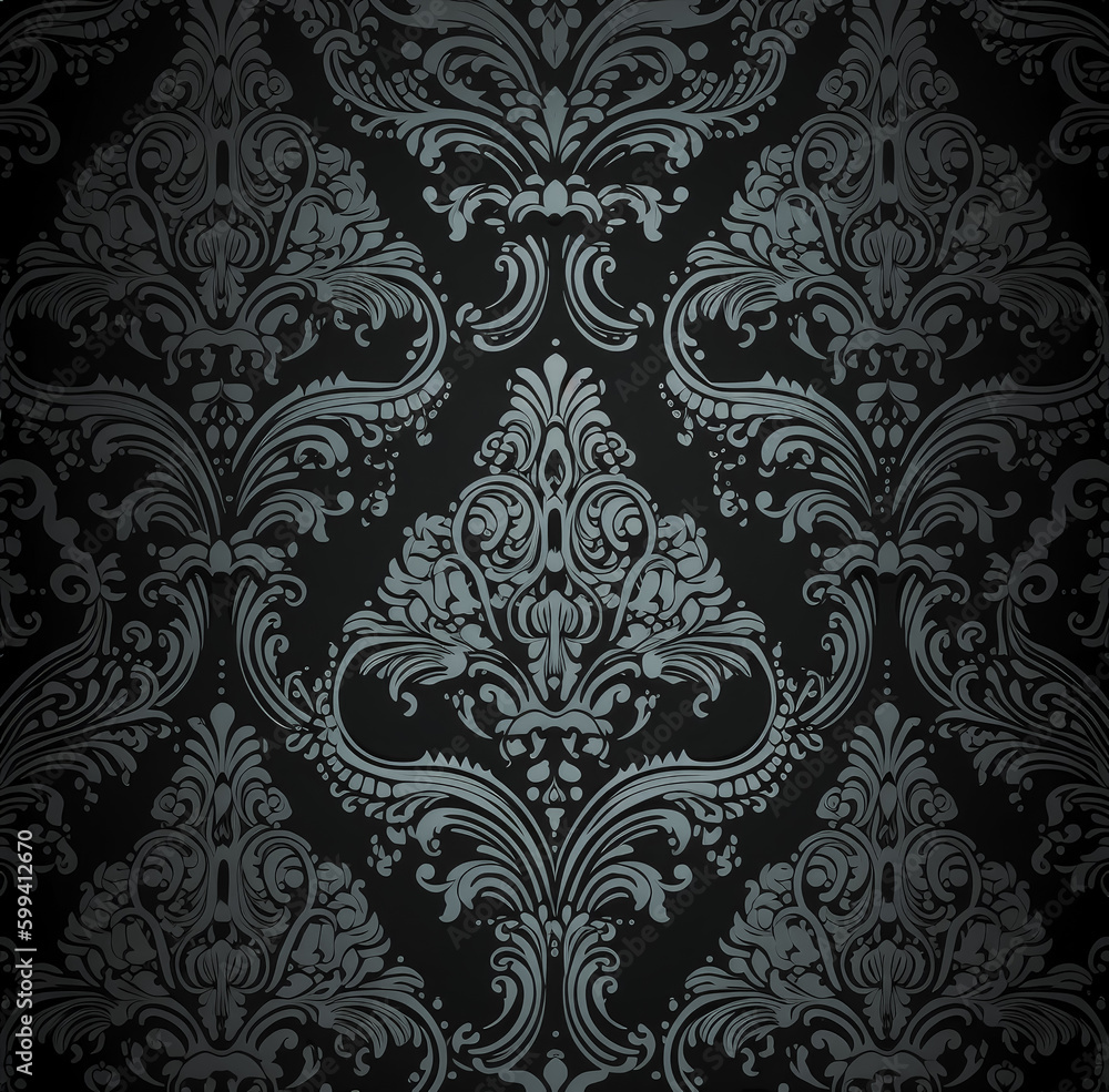 Black ornate damask wallpaper, in the style of ottoman art. Generative Ai.
Black ornate damask wallpaper, in the style of ottoman art. Generative Ai.