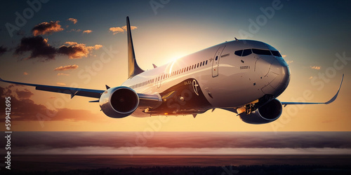 Passagierflugzeug im Landeanflug mit Abendsonne, ai generativ