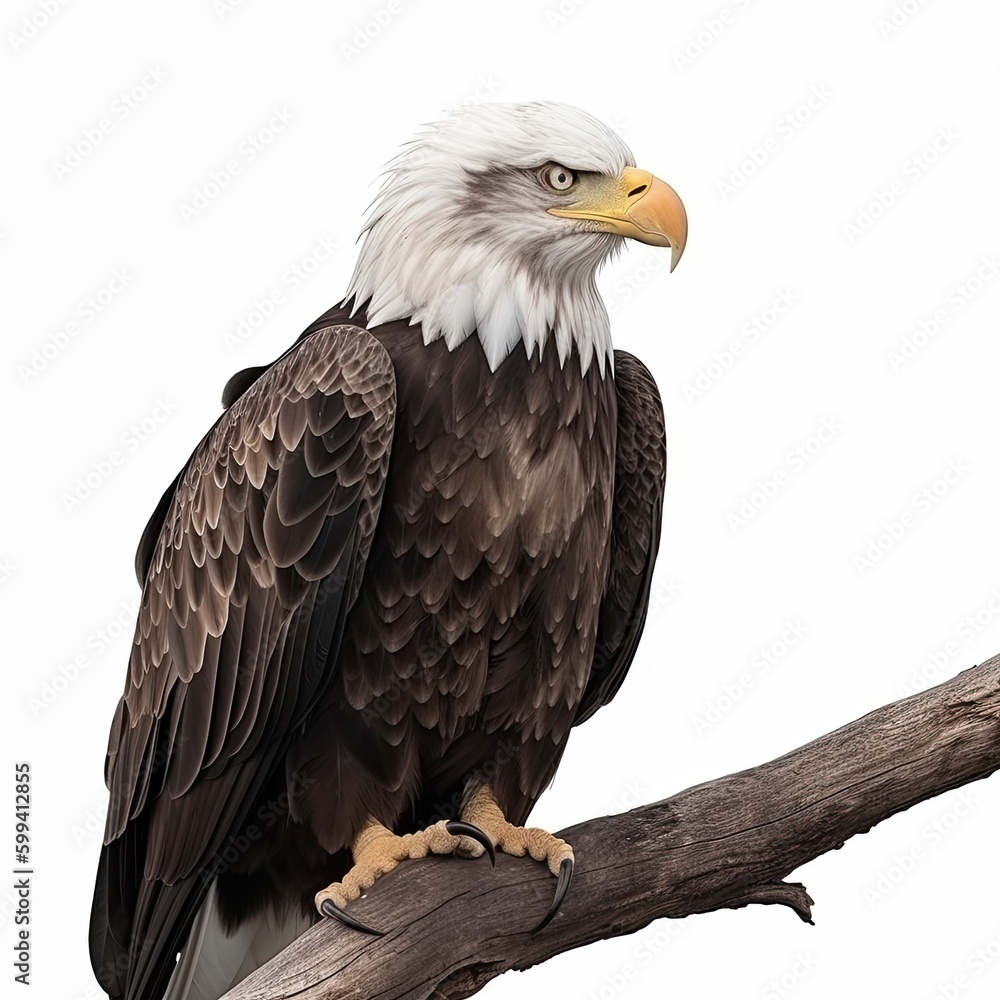 an isolated bald eagle (Haliaeetus leucocephalus) , sitting on a branch, preservation, Wildlife-themed, photorealistic illustration on a white background, in a JPG. Generative AI an isolated bald eagle (Haliaeetus leucocephalus) , sitting on a branch, preservation, Wildlife-themed, photorealistic illustration on a white background, in a JPG. Generative AI