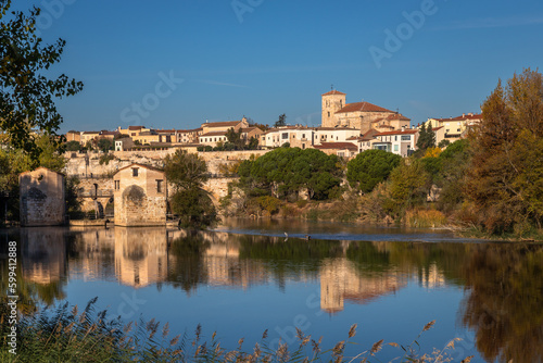 Beautiful panoramic view of Zamora cityscape during Autumn season, from the other side of the Douro River, in Spain. © Paulo