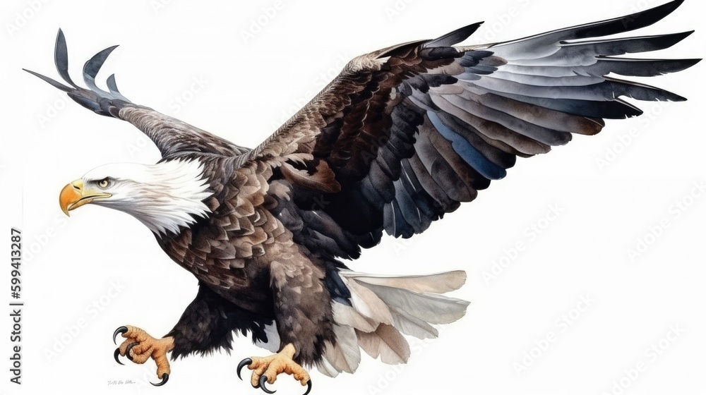 Fototapeta premium an isolated Bald Eagle in flight, majestic American symbol, Landing, Wildlife-themed, photorealistic illustration on a transparent background cutout in JPG. generative ai