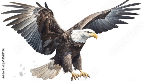 an isolated Bald Eagle in flight, majestic American symbol, Landing, Wildlife-themed, photorealistic illustration on a transparent background cutout in JPG. generative ai