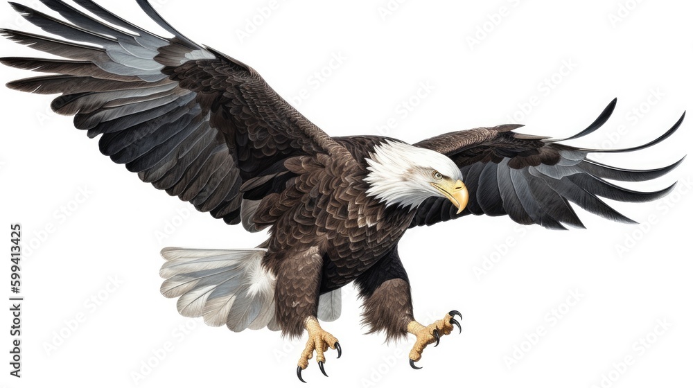 an isolated Bald Eagle in flight, majestic American symbol, Landing, Wildlife-themed, photorealistic illustration on a transparent background cutout in JPG. generative ai an isolated Bald Eagle in flight, majestic American symbol, Landing, Wildlife-themed, photorealistic illustration on a transparent background cutout in JPG. generative ai
