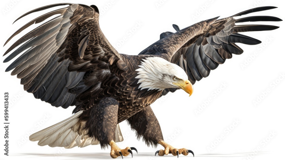 Fototapeta premium an isolated Bald Eagle in flight, majestic American symbol, Landing, Wildlife-themed, photorealistic illustration on a transparent background cutout in JPG. generative ai