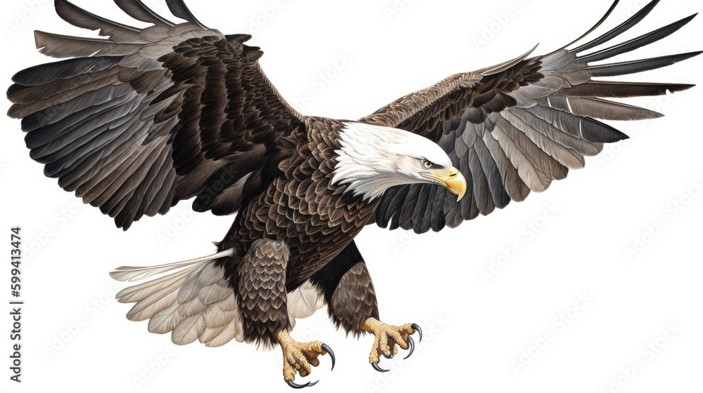 Obraz premium an isolated Bald Eagle in flight, majestic American symbol, Landing, Wildlife-themed, photorealistic illustration on a transparent background cutout in JPG. generative ai