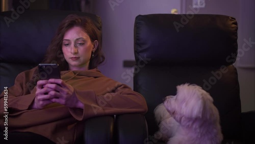 Beautiful Young Caucasian Woman Texting on Armchair While Watching Television With Dog, Neutral Expression. Shot with ARRI Alexa in ArriRaw and exported QuickTime Apple ProRes 422 HQ. photo