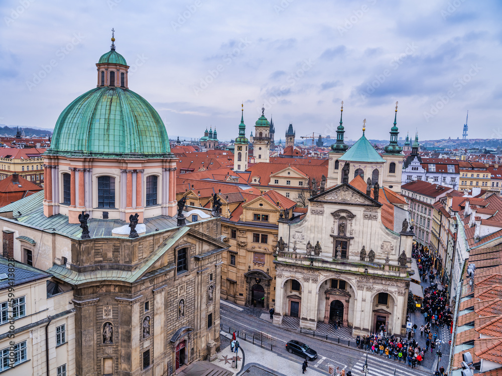 Aerial shot of Charles Bridge square and the dome, Prague, Czech Republic