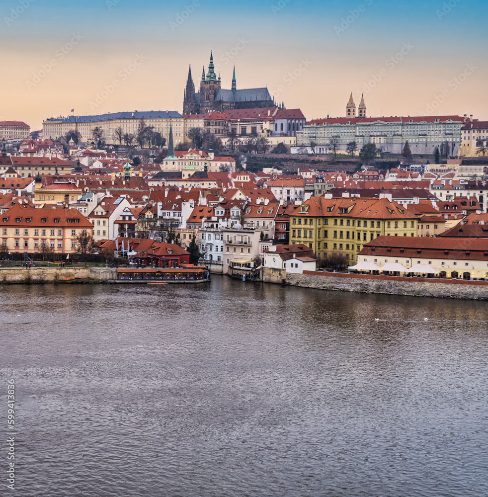 Panorama shot of Mala Strana and the catle on Vltava river, Prague, Czech Republic