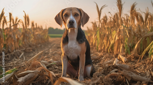 Beautiful Beagle Dog sitting in a field at dusk
