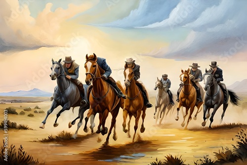 Oil painting of running horses. Generative AI