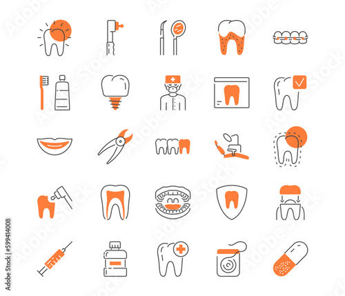 Dental line icons set. Doctor and dentist with teeth and mouth, tools. Cleanliness and hygiene, oral care. Syringe and medicine bottle. Cartoon flat vector illustrations isolated on white background