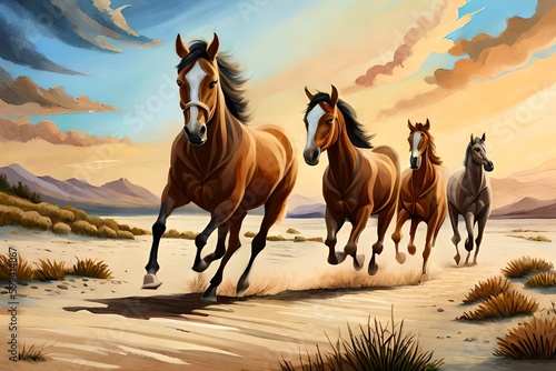 Oil painting of running horses. Generative AI