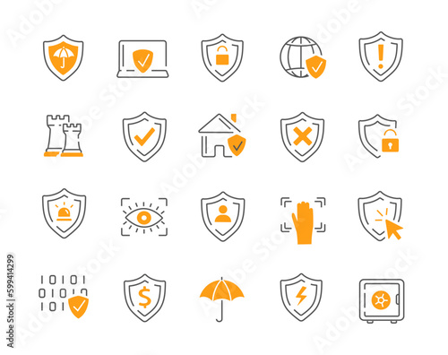 Defense line icons set. Cyber security, safety and protection of personal data on Internet, prevention of hacking and phishing. Cartoon flat vector illustrations isolated on white background