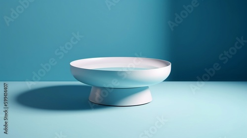 Smooth, round, white tray podium in the sunlight on a white table top. Generative AI.