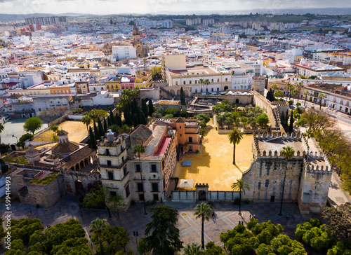 Aerial view of Catholic Cathedral and famous Alcazar of Jerez de la Frontera, Spain