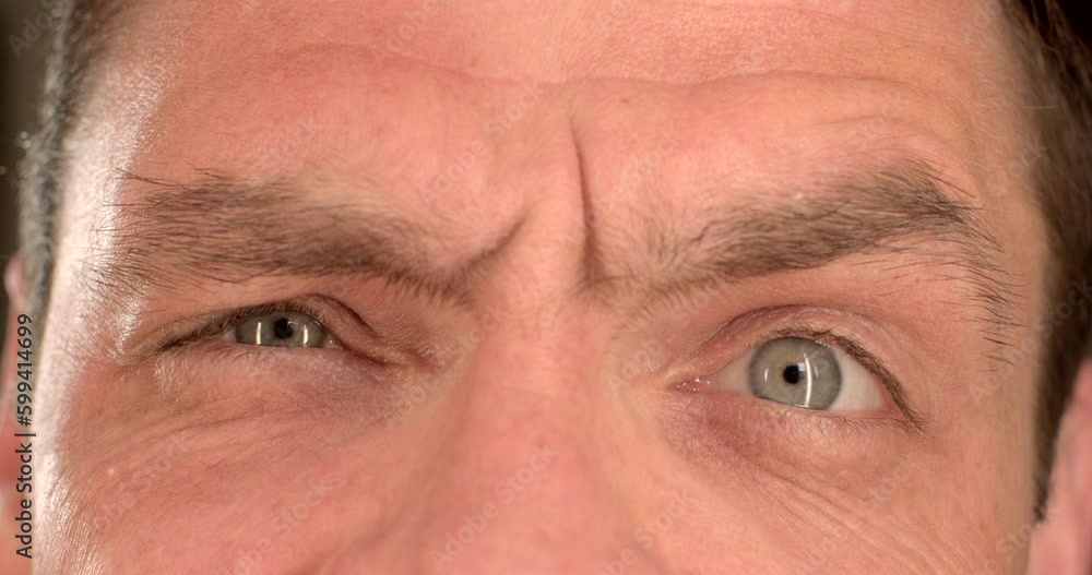 Hairy eyebrow folds on the forehead in dynamics. Emotional transmission of information by a part of the body. The game of eyebrows over the eyes of the man's face. Mimic emotions. Hairy eyebrow folds on the forehead in dynamics. Emotional transmission of information by a part of the body. The game of eyebrows over the eyes of the man's face. Mimic emotions.