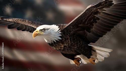  an isolated bald eagle (Haliaeetus leucocephalus) , flying with outstretche wings, majestic, Wildlife-themed, photorealistic illustration on a white and illustrated. JPG. generative ai 