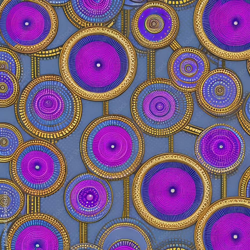 Fototapeta premium A repeating pattern of overlapping circles in shades of purple and pink, with small dots of gold at the center of each circle5, Generative AI