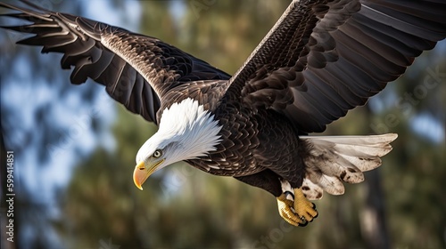  an isolated bald eagle (Haliaeetus leucocephalus) , flying with outstretche wings, majestic,   Wildlife-themed, photorealistic illustration on a white and illustrated. JPG. generative ai  © Purple Penguin GFX