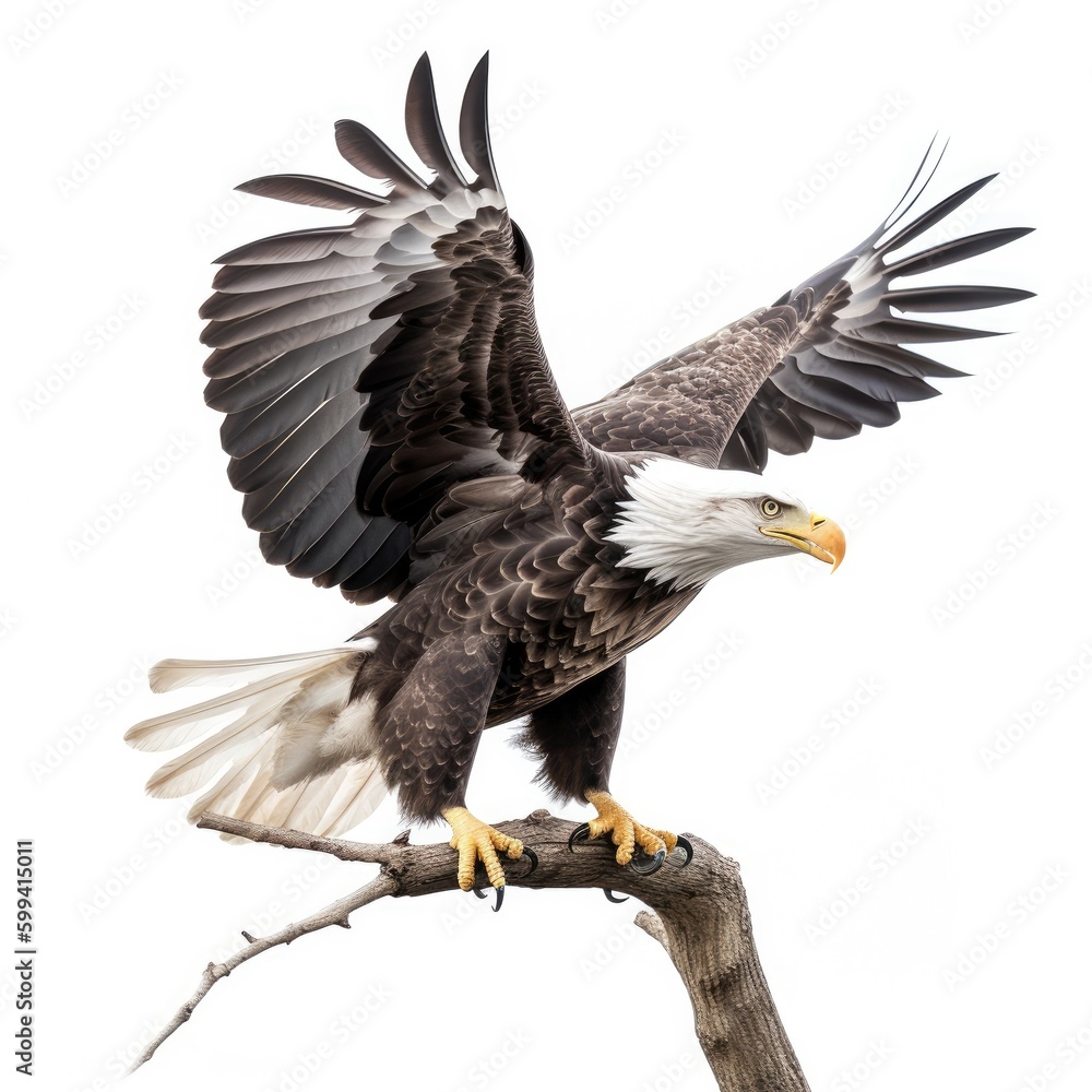Obraz premium an isolated bald eagle (Haliaeetus leucocephalus) , Landing on a branch, preservation, Wildlife-themed, photorealistic illustration on a white background, in a JPG. Generative AI