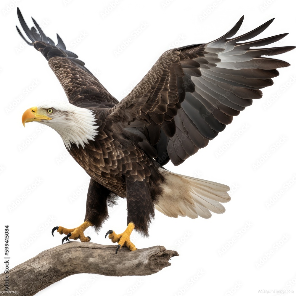 Obraz premium an isolated bald eagle (Haliaeetus leucocephalus) , Landing on a branch, preservation, Wildlife-themed, photorealistic illustration on a white background, in a JPG. Generative AI