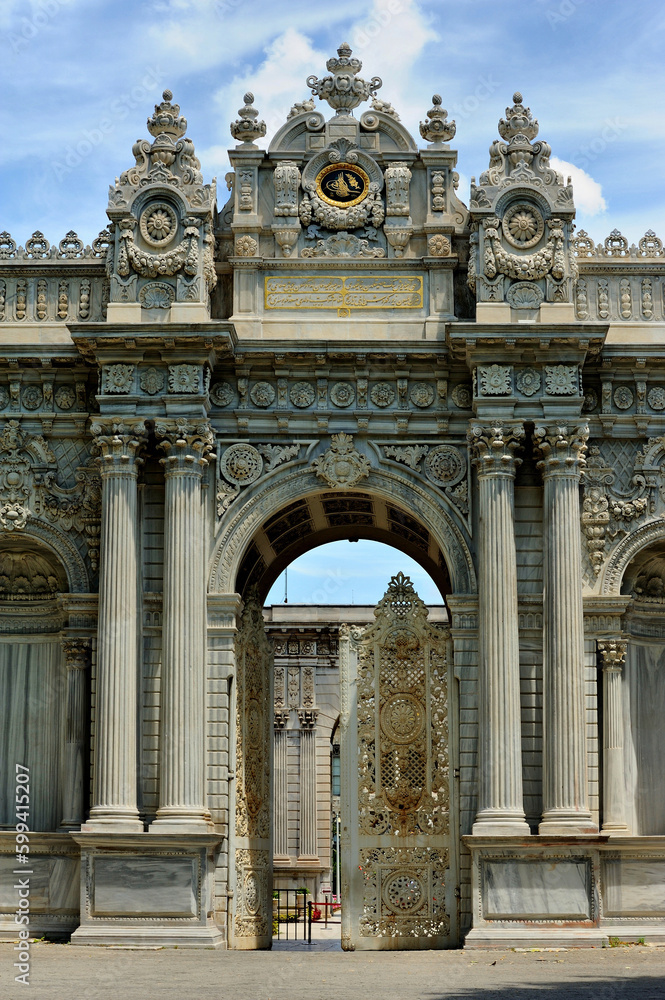 Detail of the facade of the Dolmabahce Ottoman Palace main entrance door architectural details