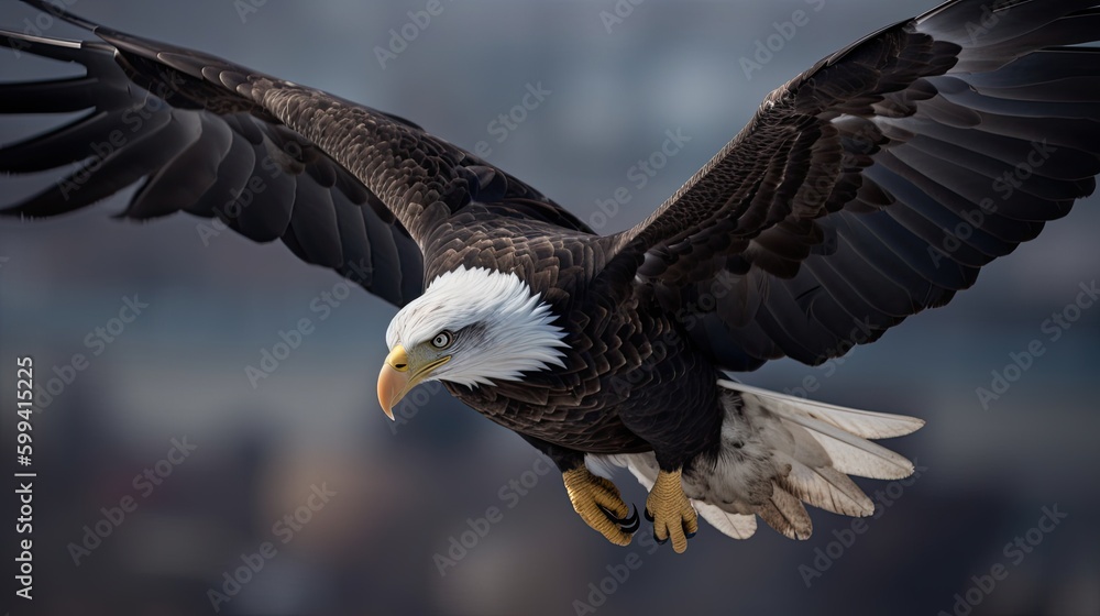 Fototapeta premium an isolated bald eagle (Haliaeetus leucocephalus) , flying with outstretche wings, majestic, Wildlife-themed, photorealistic illustration on a white and illustrated. JPG. generative ai 
