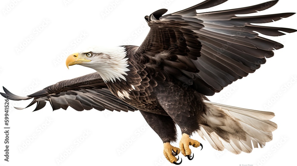 Obraz premium an isolated bald eagle (Haliaeetus leucocephalus) , flying with outstretche wings, majestic, Wildlife-themed, photorealistic illustration on a white and illustrated. JPG. generative ai 