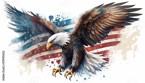  Eagle with American Flag 4th of July, Independence Day, grunge, Patriotic-themed, photorealistic illustrations in JPG. Generative AI