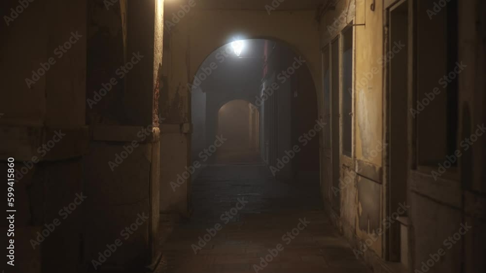 Motion along ancient narrow passage with arches and columns Motion along ancient narrow passage with arches and columns
