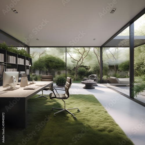 modern office interior with green grass carpet and garden outside © NerdY0