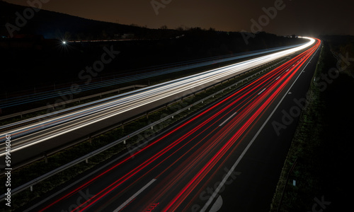 Cars light trails on a straight highway at sunset. Night traffic trails, Motion blur, Night city road with traffic headlight motion. 