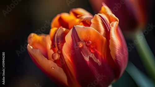 Macro shot of tulip with yellow red petals and water drops on it. shallow depth of field and blurred background