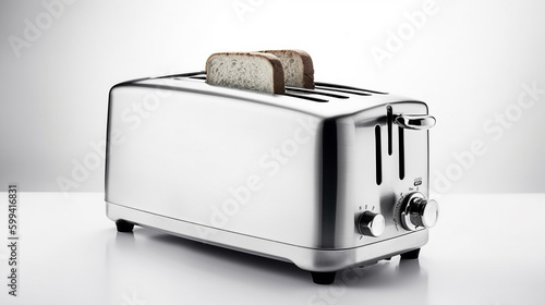 Modern toaster with bread slices on white background, Created using generative AI tools.