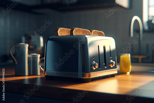  toaster with tasty food and drink on table in modern kitchen,  Created using generative AI tools.